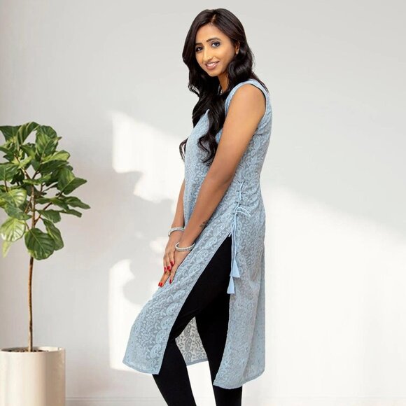 Blue Kurta with Chikankari Work Detailing | Muvvas Boutique - Picture 2 of 3